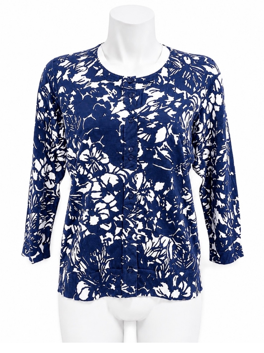 Talbots Navy & White Floral Cardigan Sweater Coastal Hamptons Chic - Picture 3 of 6